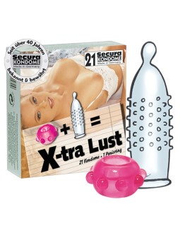 PROFILATTICI CON RILIEVI STIMOLANTI E ANELLO FALLICO SECURA \"X-TRA LUST\" - 21 PEZZI