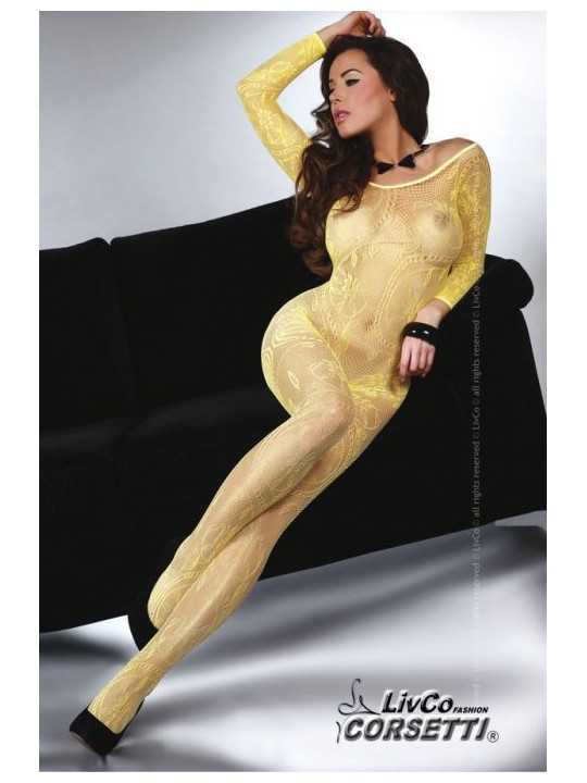 BODYSTOCKING GIALLO CON RICAMI A MOTIVO FLOREALE - TAGLIA UNICA