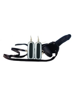 VIBRATORE STRAP-ON DOPPIO CON CINTURA IN LATTICE \"BLACK VIBRO DUO\"