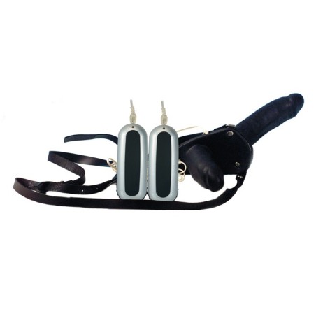 VIBRATORE STRAP-ON DOPPIO CON CINTURA IN LATTICE \BLACK VIBRO DUO\