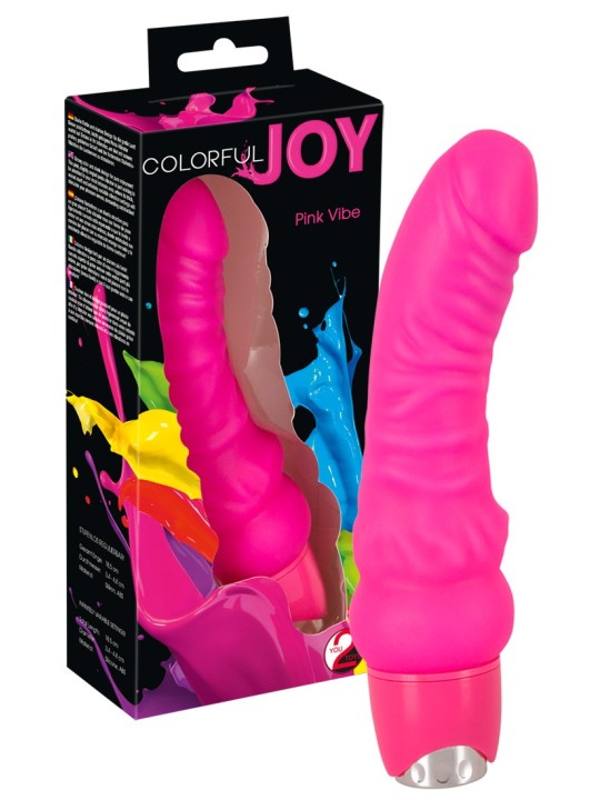 VIBRATORE REALISTICO RICURVO IN SILICONE "COLORFUL JOY" ROSA - 18 CM