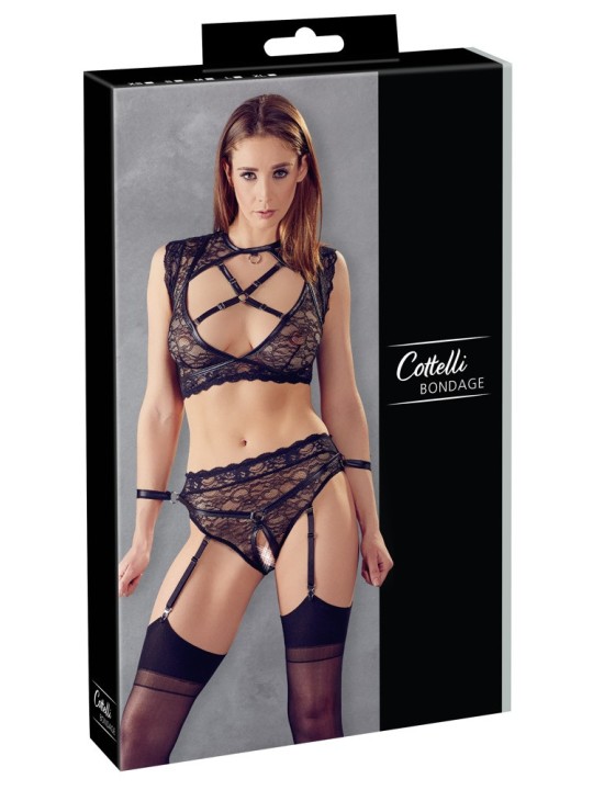 SET FETISH NERO CON TOP IN PIZZO, MANETTE E POLSINI  - COTTELLI BONDAGE